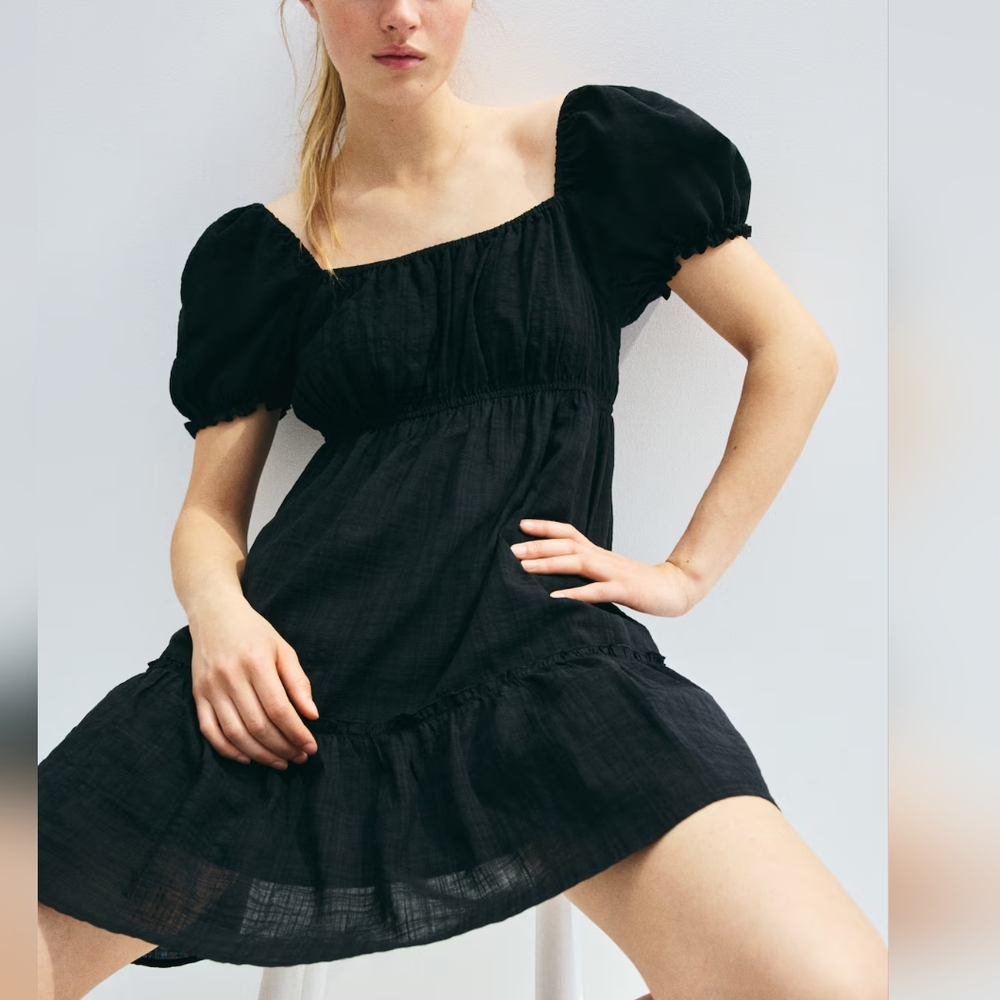 H&M Divided Ruffle-Trimmed Black Puff Sleeve Mini Dress